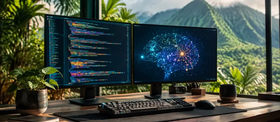 Poste de développeur avec écrans de code et réseau de neurones