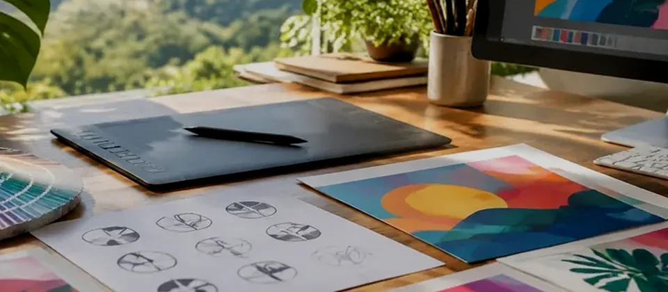 Poste de création graphique avec nuancier, tablette et visuels colorés