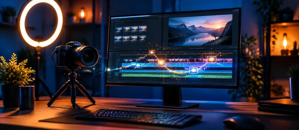 Studio de création vidéo avec caméra, anneau lumineux et logiciel de montage