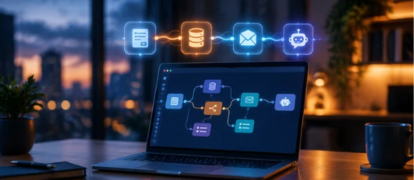 Ordinateur affichant un scénario d'automatisation no-code relié à un formulaire, une base de données et un assistant